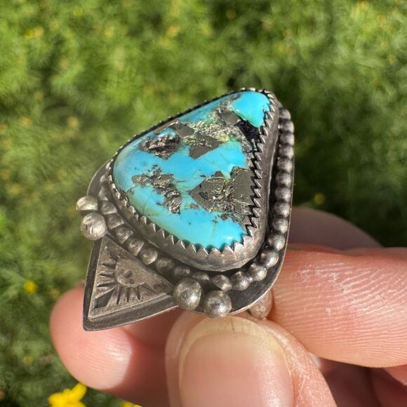 Sleeping Beauty Turquoise Ring w/ Pyrite in 925 Sterling Silver Handmade 7 1/4 - Picture 11 of 14